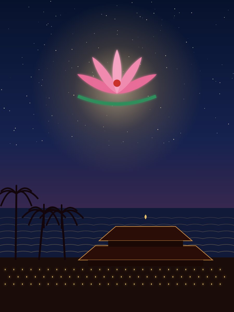 Illustration: the Devi's temple in the old port town near the sea, under the sign of the goddess